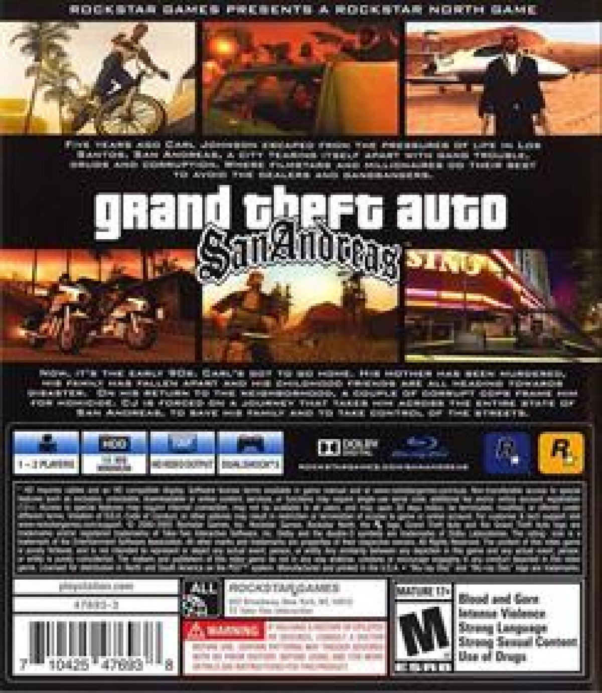 Grand Theft Auto San Andreas Greatest Hits PlayStation 3 PS3 for open world action adventure video game fans featuring Carl Johnson crime filled missions Los Santos exploration driving gameplay vehicle customization weapons side activities character progression and immersive Rockstar Games storytelling collectible gaming appeal back