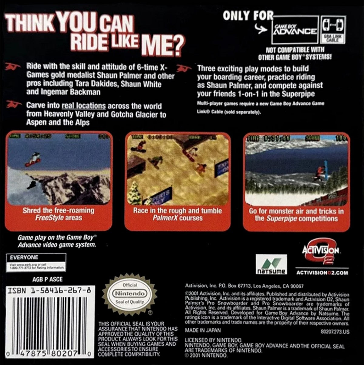 Shaun Palmer’s Pro Snowboarder for Game Boy Advance (GBA), back of box for a retro video game featuring snowboarding gameplay, trick-based challenges, downhill racing, extreme sports action, and arcade-style competition