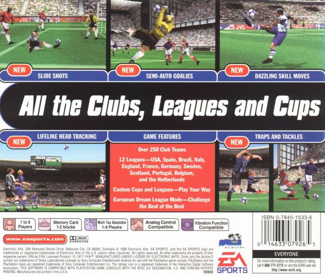 FIFA 99 for PlayStation 1 soccer sports video game featuring official international teams and leagues, realistic gameplay mechanics, tournament and season modes, and classic EA Sports football experience gameplay