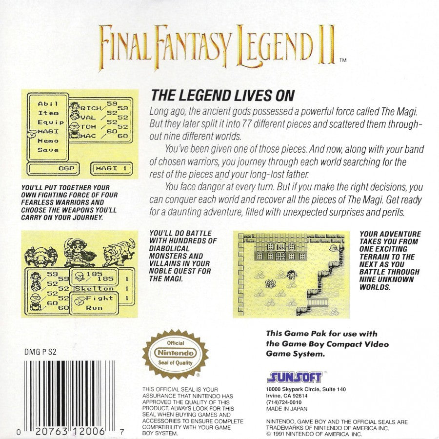 Final Fantasy Legend II Game Boy turn-based RPG SaGa series party combat stat growth via consuming items back cover art