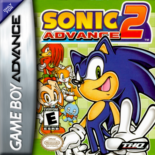 Game Boy Advance box front cover for 'Sonic Advance 2' featuring Sonic the Hedgehog and other characters.