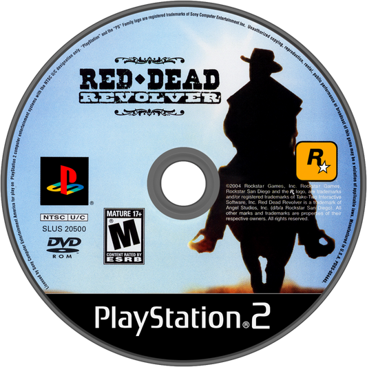 PlayStation 2 game disc for 'Red Dead Revolver' with a cowboy silhouette and rating labels.