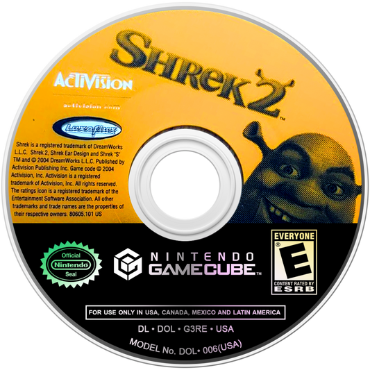 Disc art Shrek 2 GameCube GC video game, action adventure platformer, movie tie-in, family-friendly gameplay, multiplayer, classic Nintendo GameCube title