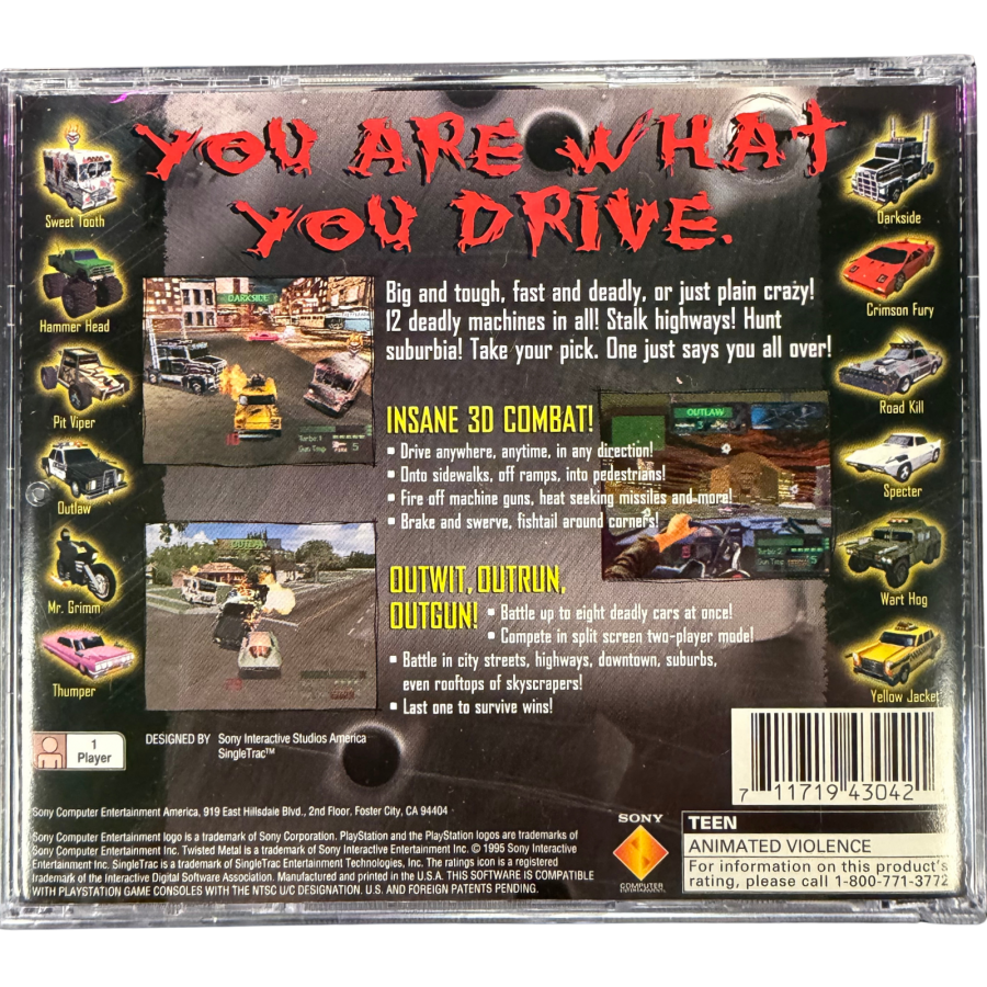 Twisted Metal PlayStation PS1 for vehicular combat video game fans featuring armed vehicles intense arena battles destructive weapons explosive combat unique drivers challenging opponents and classic PlayStation action gameplay collectible retro gaming appeal back cover art