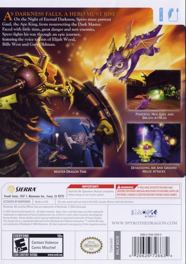 Legend of Spyro: The Eternal Night – Nintendo Wii (Wii) action-adventure fantasy platformer video game back of case