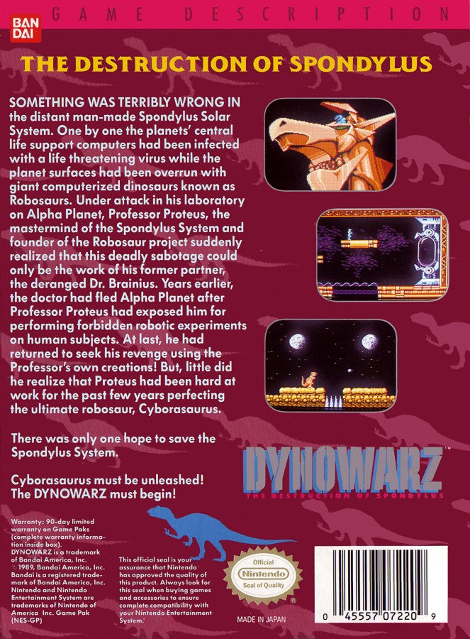 Dynowarz The Destruction of Spondylus Complete in Box CIB Nintendo Entertainment System NES for retro video game enthusiasts featuring action platforming gameplay futuristic mech combat side scrolling shooting dinosaur enemies challenging stages complete in box collectible gaming appeal back cover