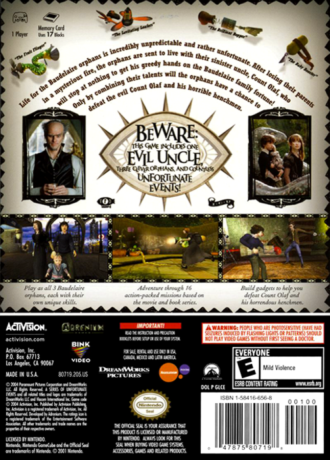 Lemony Snicket's A Series of Unfortunate Events back of case for GameCube (GC) action-adventure puzzle video game
