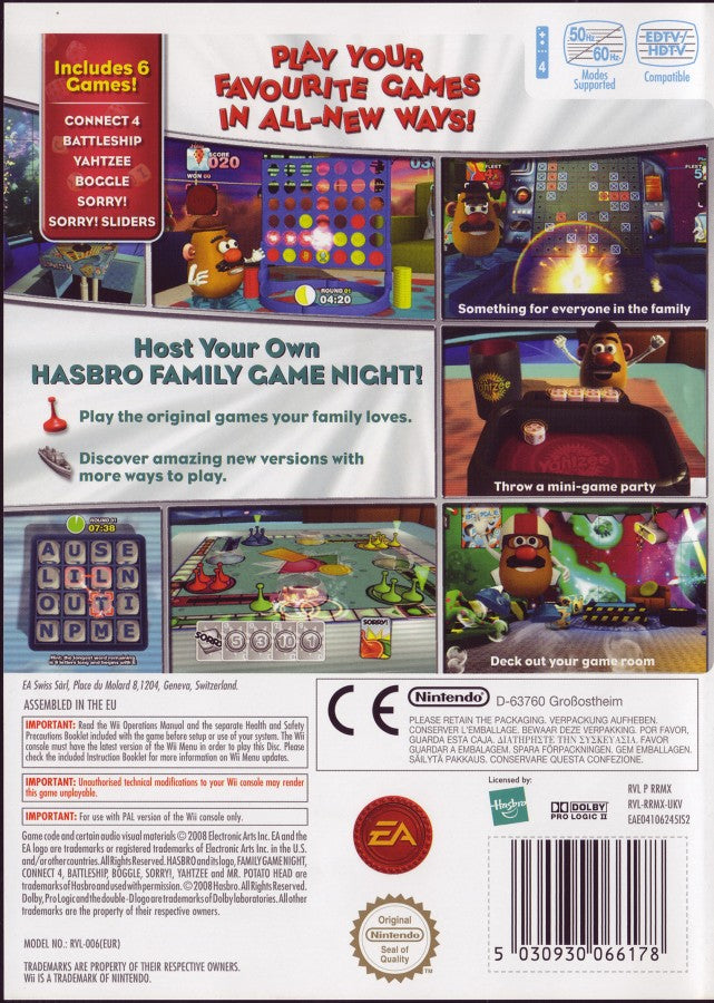 Hasbro Family Game Night back cover art Nintendo Wii video game.