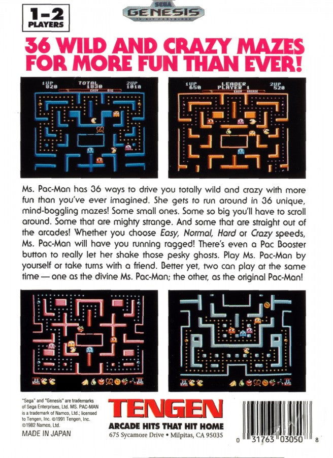 Ms. Pac-Man back cover art for Sega Genesis (GEN) video game