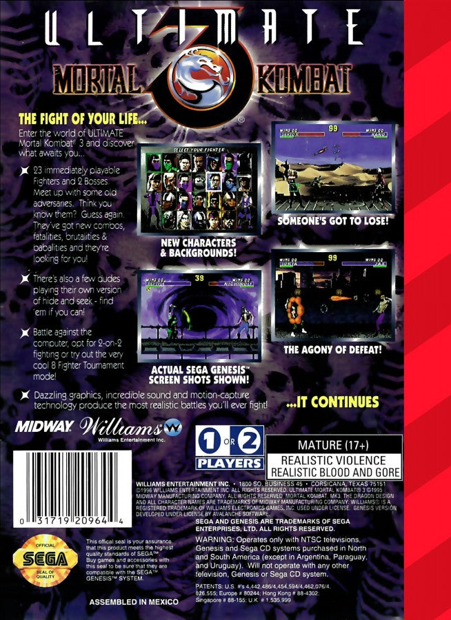 Ultimate Mortal Kombat 3 back cover art for Sega Genesis (GEN) video game