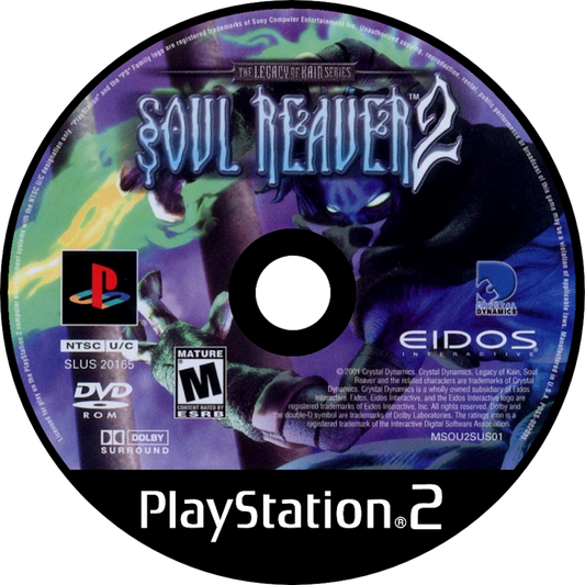 Legacy of Kain Soul Reaver 2 PS2 Sony PlayStation 2 action adventure gothic puzzle platformer Raziel vampire wraith combat time travel narrative dark fantasy story exploration dimension shifting gameplay Crystal Dynamics retro gaming PlayStation 2 software video game title disc