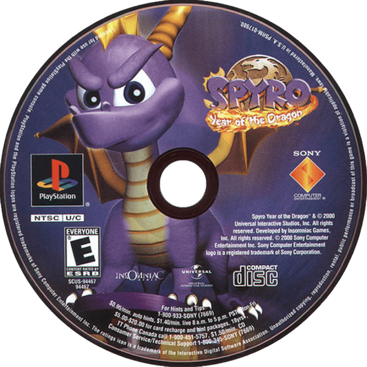 Spyro: Year of the Dragon disc for PlayStation 1 (PS1) platformer adventure video game