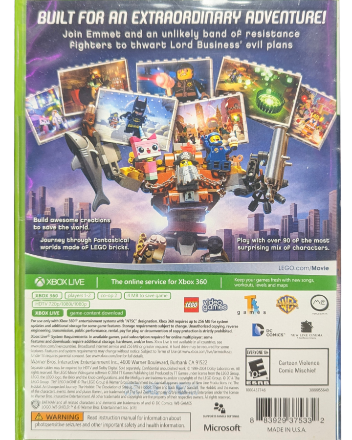 LEGO Movie Videogame Xbox 360 action-adventure building game based on the animated film with open-world exploration and humor back cover