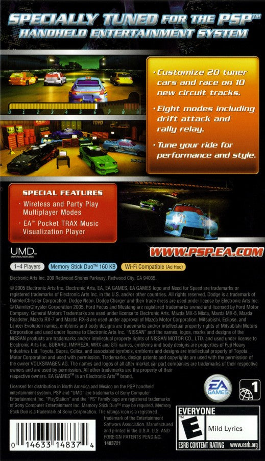 Need for Speed: Underground Rivals back of case for PlayStation Portable (PSP) racing game