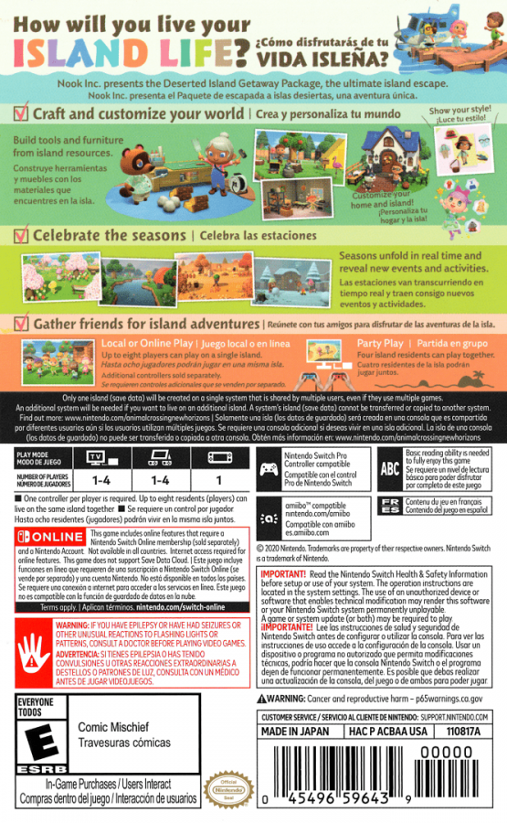Animal Crossing New Horizons back of box for Nintendo Switch NS video game