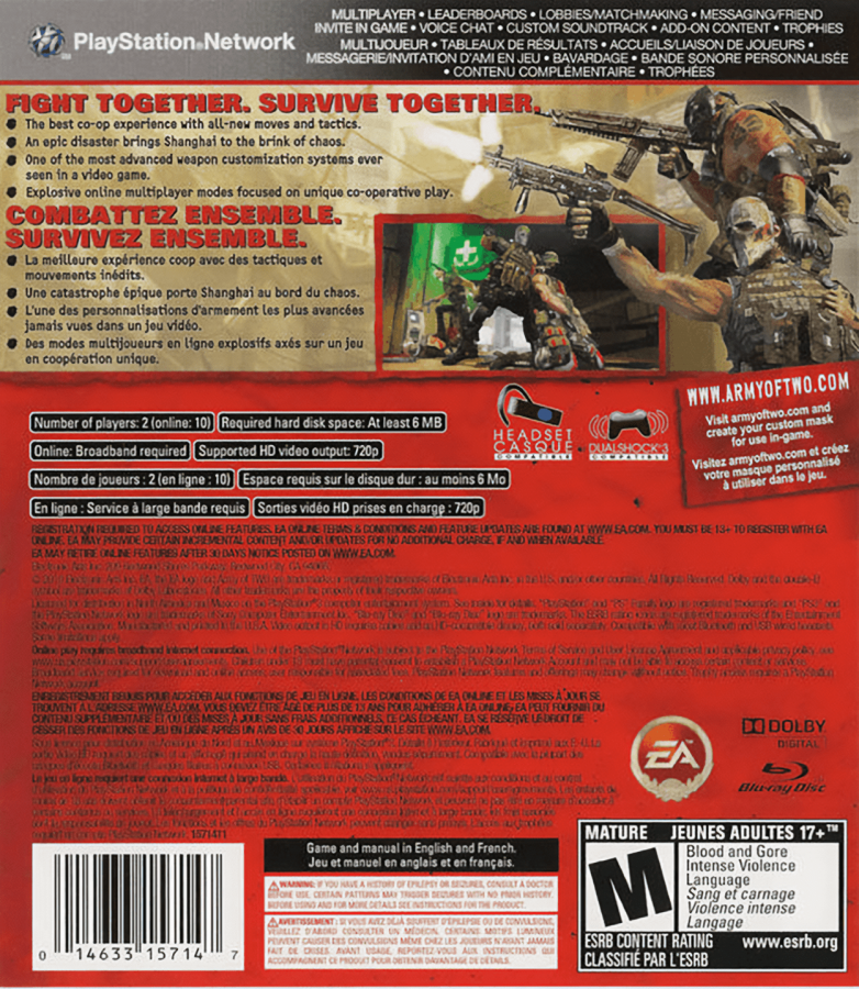 Army of Two: The 40th Day back cover art for PlayStation 3 (PS3) video game