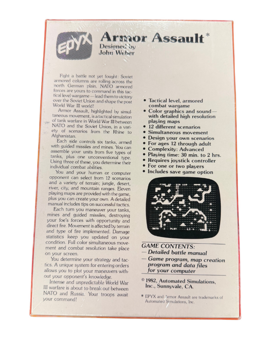 Armor Assault for the Atari 400 game featuring tactical tank strategy gameplay on Atari home computer systems back cover