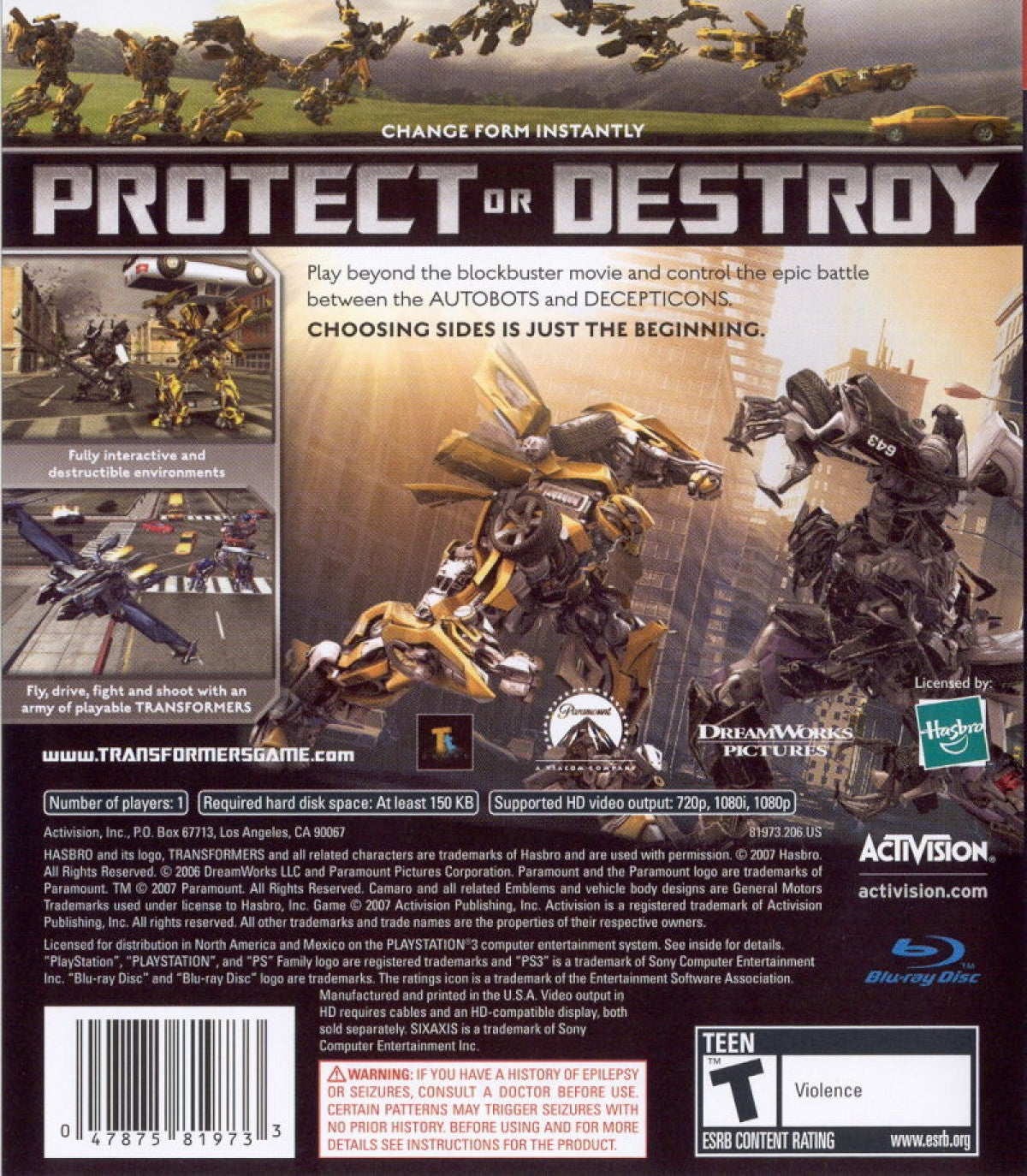 Transformers The Game PlayStation 3 PS3 video game featuring action adventure gameplay Autobots and Decepticons transforming robot combat vehicle driving missions city environments enemy battles special abilities and classic PlayStation 3 gameplay retro video game collection collectible gaming appeal back cover