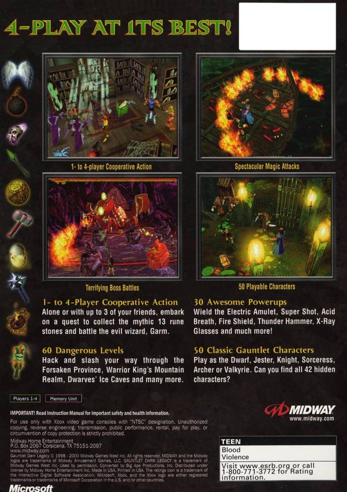 Gauntlet Dark Legacy game featuring cooperative hack-and-slash action, dungeon-crawling adventure, and multiplayer fantasy combat back cover art