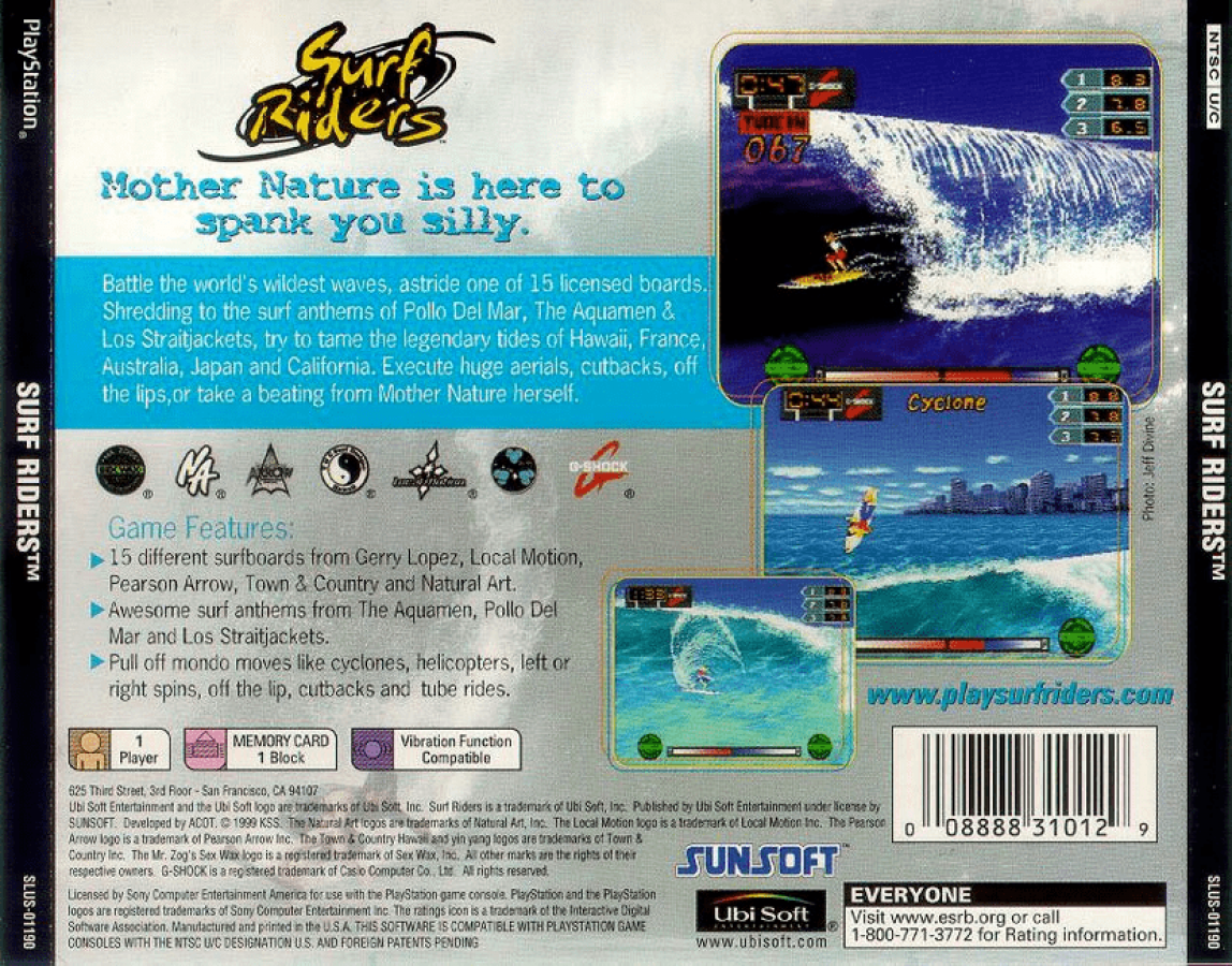 Surf Riders back of case for PlayStation 1 (PS1) surfing sports video game