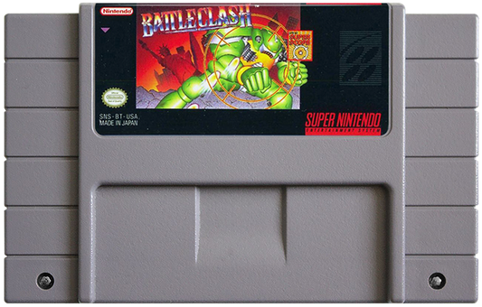Battle Clash retro SNES video game Battle Clash sci fi mech combat light gun shooter futuristic robot battles arcade style action gameplay console title Super Nintendo release cartridge