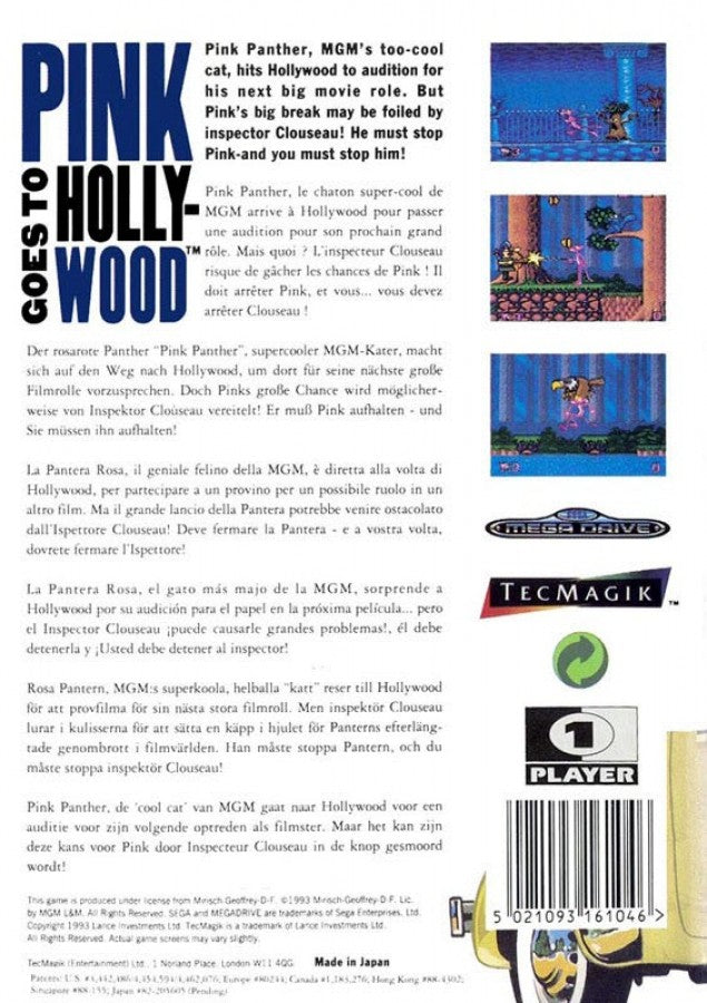 Pink Panther Goes to Hollywood back cover art for Sega Genesis (GEN) video game