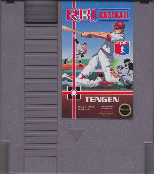 RBI Baseball retro Nintendo Entertainment System video game featuring baseball sports gameplay, arcade style batting, multiplayer competition and classic NES action - cartridge