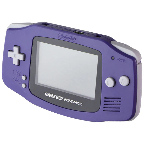 Angled front view of an indigo Game Boy Advance console showing its purple casing, widescreen display, and button layout.