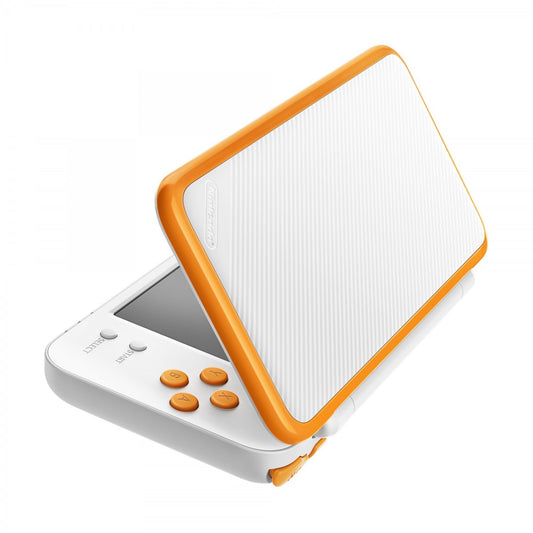Retro orange and white New Nintendo 2DS XL inspired design featuring dual screen handheld gaming console aesthetic foldable portable Nintendo hardware sleek clamshell design stylized controls vibrant retro gaming nostalgia presentation