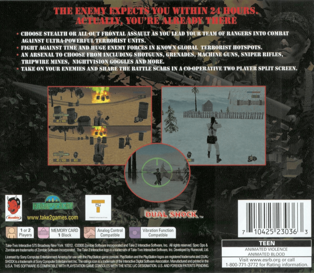 Spec Ops: Stealth Patrol back of case for PlayStation 1 (PS1) tactical shooter video game