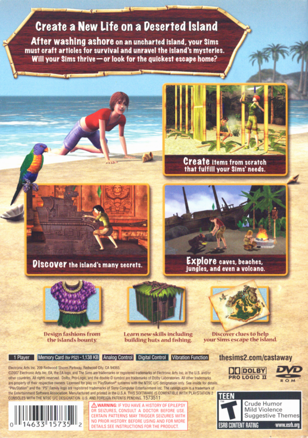 The Sims 2: Castaway – PlayStation 2 (PS2) video game back of case, life simulation adventure.