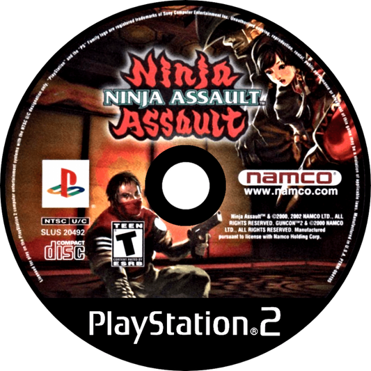 Ninja Assault PS2 Sony PlayStation 2 arcade light gun shooter Namco GunCon compatible ninja themed rail shooter fast paced target shooting mini game style action co op arcade gameplay retro gaming PlayStation 2 software video game title disc