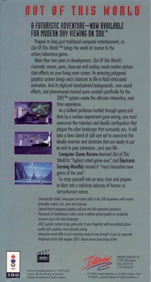 Out of This World back of case for Panasonic 3DO (3DO) cinematic action adventure video game