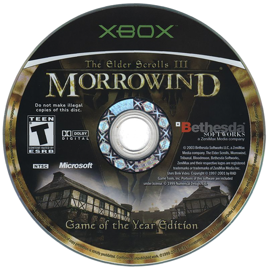 The Elder Scrolls III Morrowind for Xbox open world role playing game featuring expansive fantasy world deep character customization immersive questing and classic Bethesda RPG experience disc