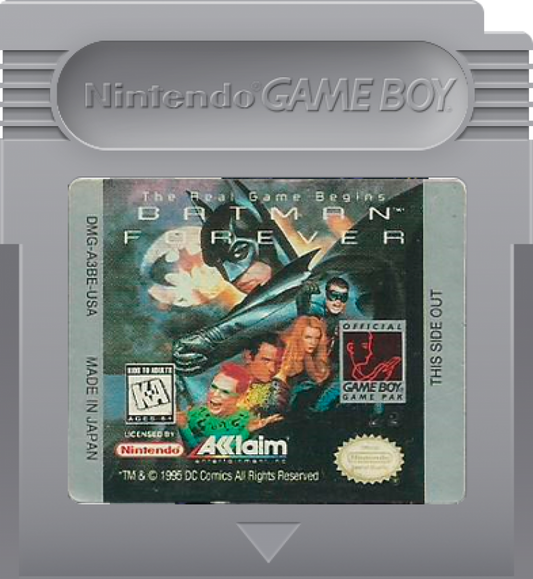 Batman Forever Game Boy GB for retro video game enthusiasts featuring action platforming gameplay superhero crime fighting Gotham City adventure side scrolling combat gadget based challenges comic inspired action and collectible gaming appeal cartridge