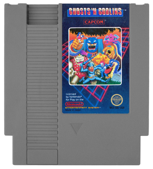 Ghosts 'n Goblins cartridge for the Nintendo Entertainment System featuring a challenging 8 bit side scrolling action platformer with knight Arthur battling hordes of demons and undead enemies cartridge