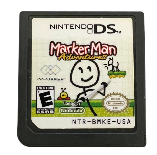 Marker Man Adventures for Nintendo DS, cartridge for a puzzle platformer video game with drawing-based gameplay, creative level navigation, and stylus-controlled challenges