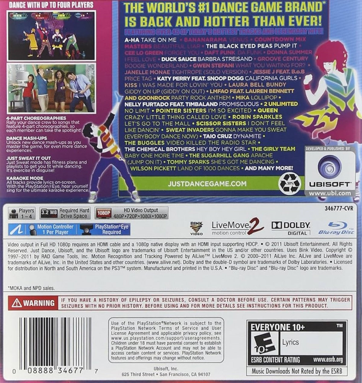 Just Dance 3 PlayStation 3 PS3 for retro video game enthusiasts featuring rhythm and dance gameplay popular music tracks motion controlled choreography multiplayer party modes energetic performances family friendly entertainment and collectible gaming appeal back cover