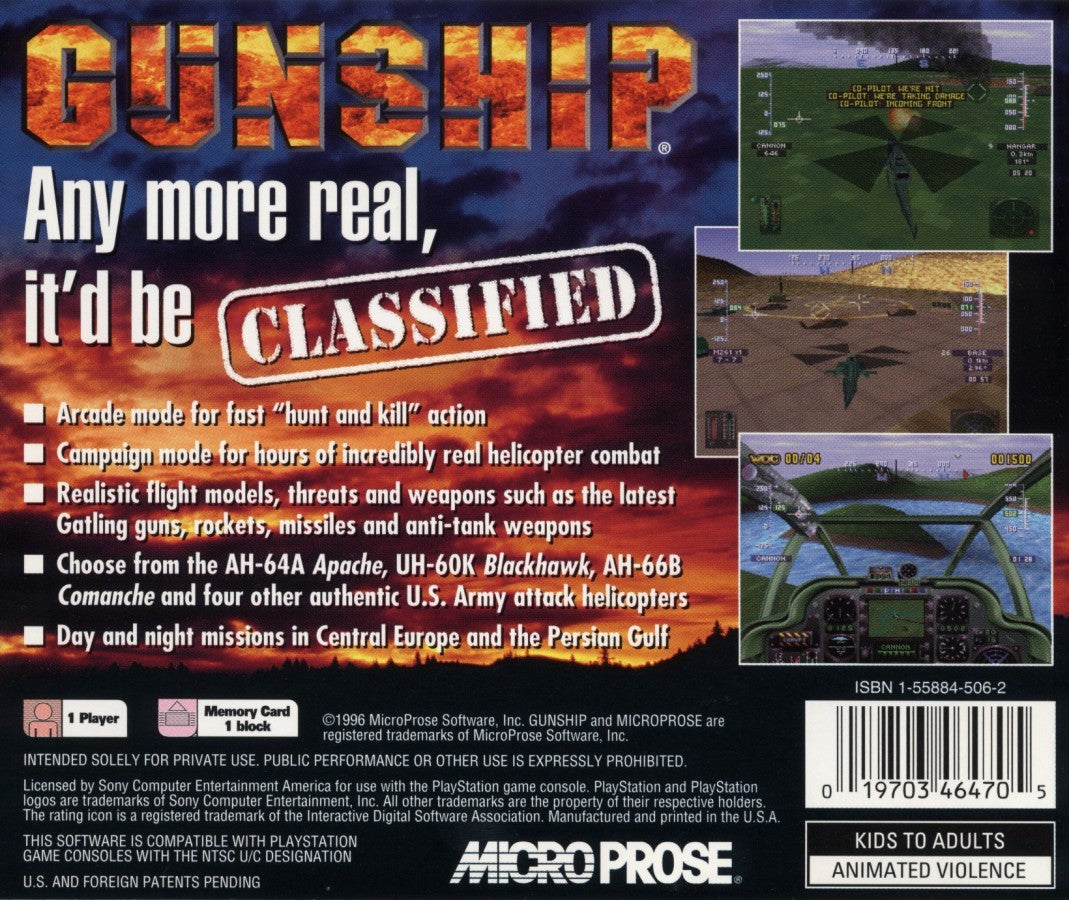 Gunship PlayStation PS1 for flight simulation video game fans featuring military helicopter combat realistic aerial missions advanced weapons systems tactical operations enemy engagements immersive pilot experience strategic gameplay classic PlayStation action collectible gaming appeal back cover art