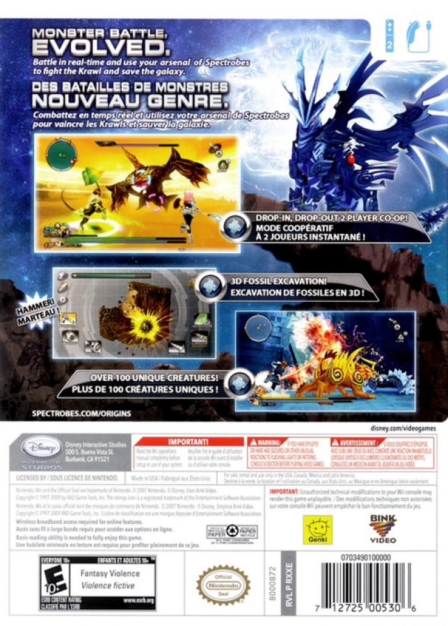 Spectrobes: Origins – Nintendo Wii (Wii) action role-playing creature-collecting adventure video game back of case