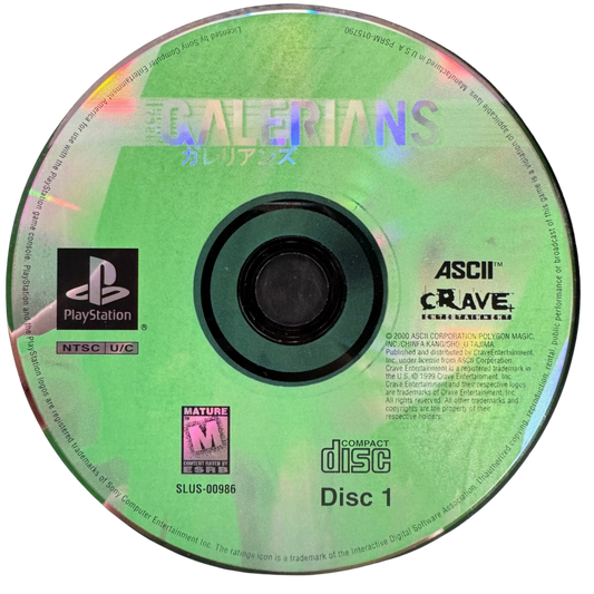 Galerians Complete In Box CIB Sony PlayStation PS1 video game featuring survival horror action gameplay psychic abilities Rion character exploration dark environments enemy encounters puzzle solving story driven adventure and classic 32 bit PlayStation gameplay retro video game collection collectible gaming appeal disc 1