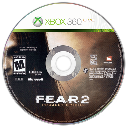 F E A R 2 Project Origin for Xbox 360 first person shooter survival horror video game featuring intense supernatural combat psychological terror cinematic storytelling and dark atmospheric gameplay experience disc