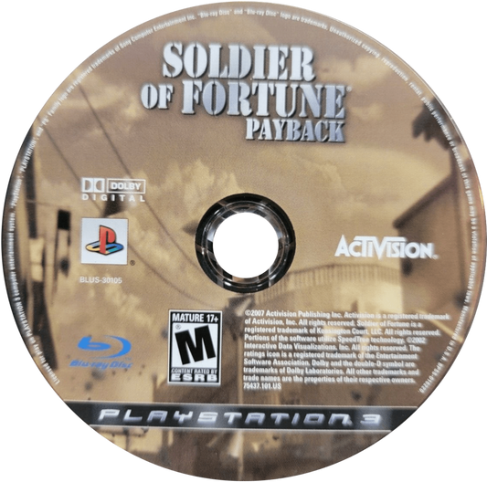 Retro Soldier of Fortune Payback PS3 inspired design featuring military first person shooter aesthetic intense tactical combat brutal firefights global mercenary missions realistic modern warfare action gritty cinematic FPS gameplay nostalgic HD era presentation disc