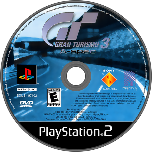 Gran Turismo 3 A Spec PS2 Sony PlayStation 2 racing simulation game car racing simulator driving realism motorsport Gran Turismo series Polyphony Digital classic racing game retro PlayStation 2 software driving game title disc