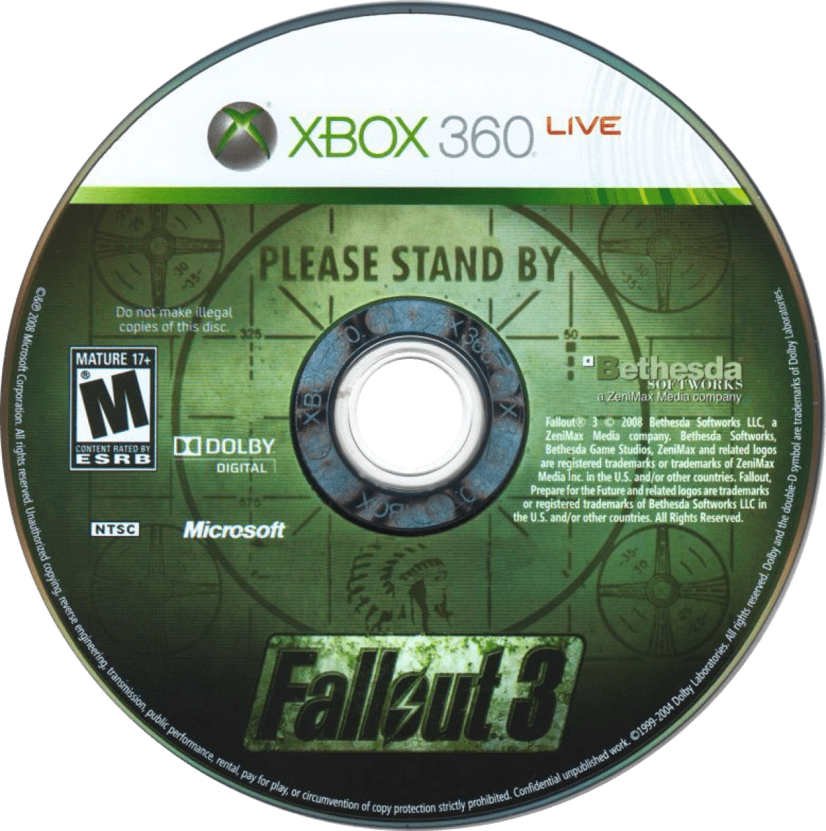 Fallout 3 disc for Xbox 360 (X360) post-apocalyptic role-playing video game