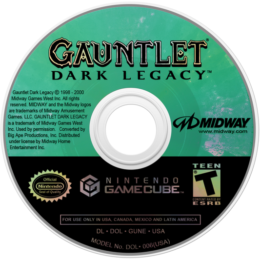 Gauntlet Dark Legacy disc art for GameCube (GC) featuring cooperative action RPG gameplay and classic dungeon crawling adventure