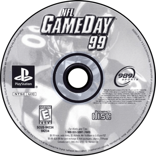 NFL GameDay 99 game for the PlayStation featuring American football gameplay with realistic team rosters season modes play calling mechanics and broadcast style presentation representing the 1998 NFL season disc