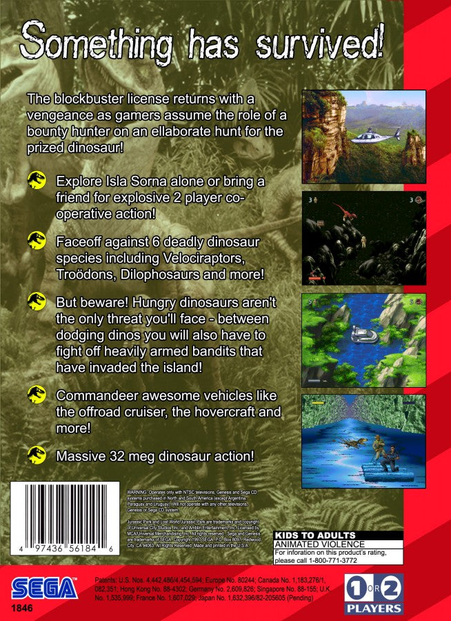 The Lost World Jurassic Park back cover art for Sega Genesis action game