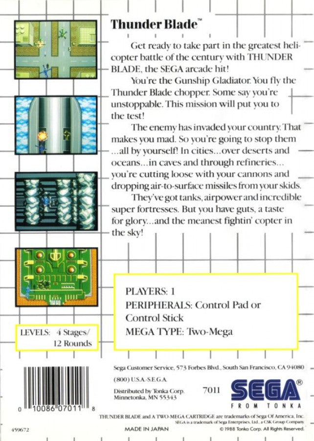 Thunder Blade – Sega Master System (SMS) back of case for helicopter shoot 'em up video game