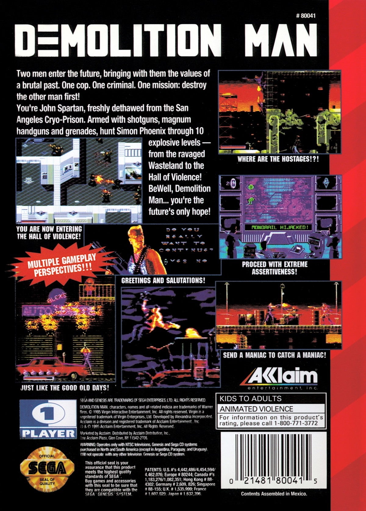 Demolition Man Sega Genesis GEN for retro video game enthusiasts featuring action shooter gameplay movie inspired adventure futuristic combat side scrolling missions explosive weapons intense enemy encounters and collectible gaming appeal back cover